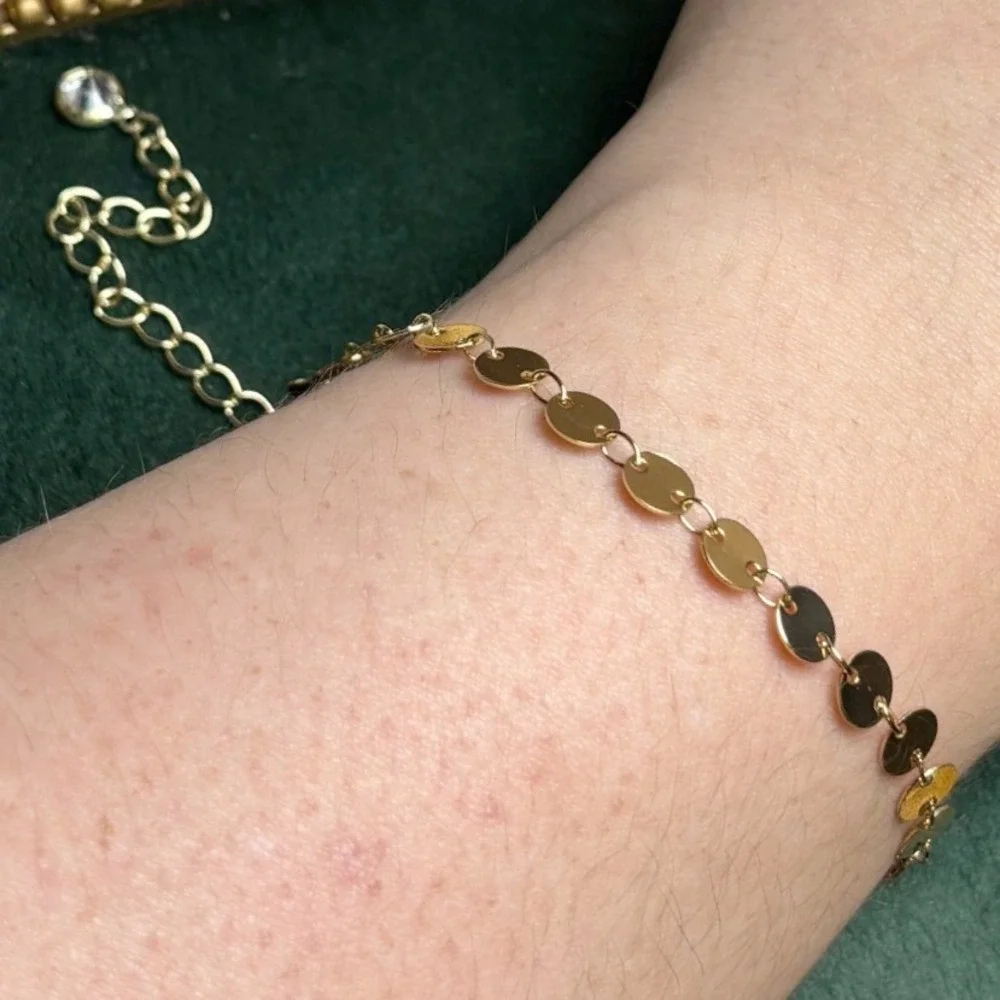Gold Tone Flat Disc‎ Sequin Chain Bracelet with Crystal Extender Charm
